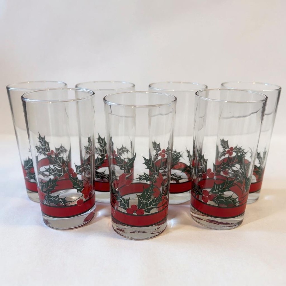Vintage Libbey Holly and Berries Christmas Glasses Set of 7 Holiday‎ Barwarer
